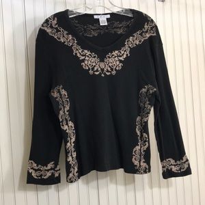 CAbi Black VNeck Tee with Scroll Design St…